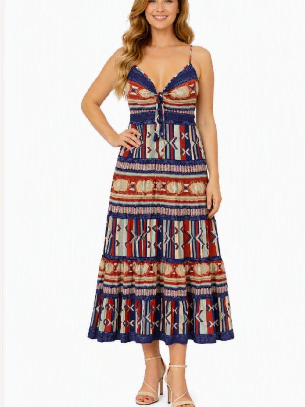 Veronica Beard 100% Cotton Printed Maxi Dress Boho Tie-Front S